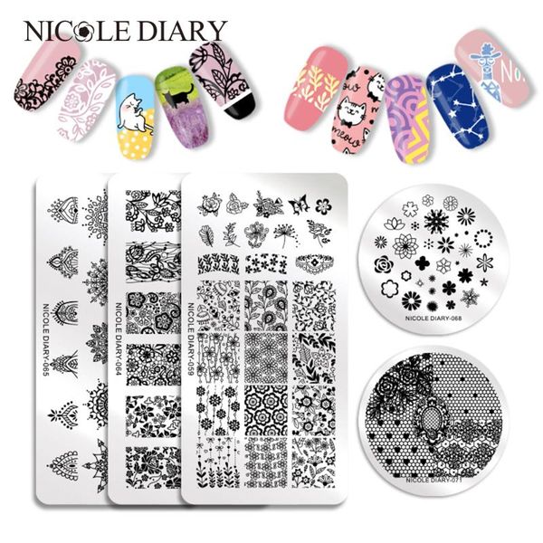 

nicole diary nail stamping plates rectangle round shape round moon star design stainless steel nail art stamp image template, White