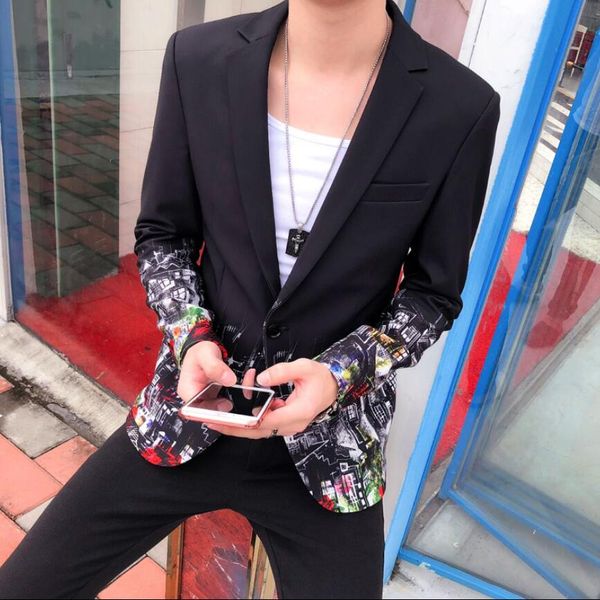 

autumn new korean version of the small suit men slim handsome long-sleeved suit jackets men's hairstylist printing jacket, White;black