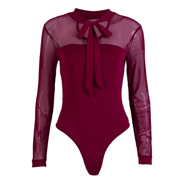 

2019 see-through women patchwork bodysuits office lady mesh long sleeves bow tie lace-up leotard fashion women bodysuit, Black;white