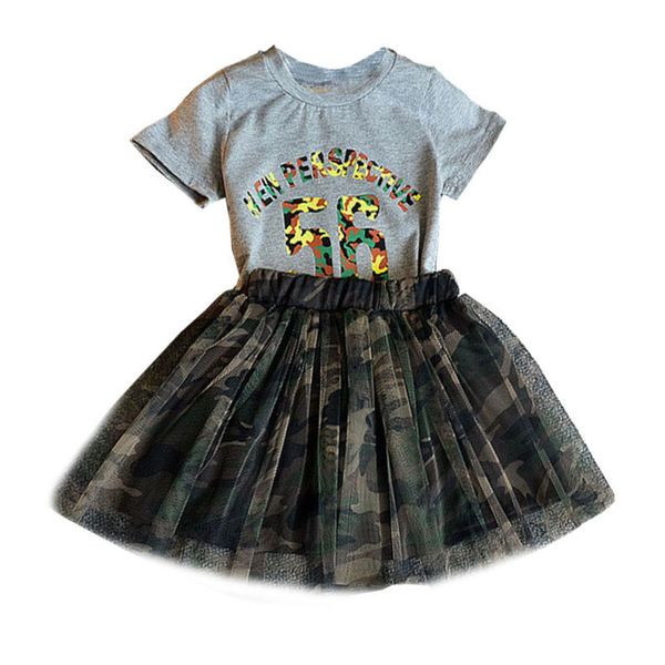 

children girls clothes 2pcs casual summer letter print short sleeve t-shirt+camouflage mesh skirts suits costume set, White