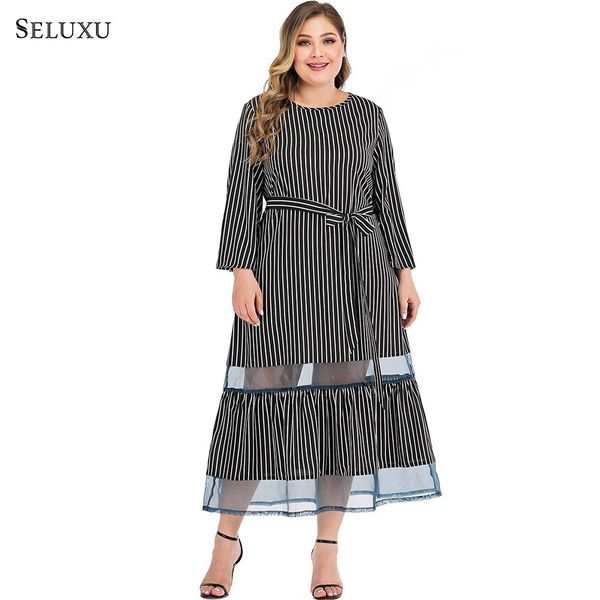 

seluxu 2019 autumn plus size women dress women vestidos patchwork dress round neck long sleeve large size elegant, Black;gray
