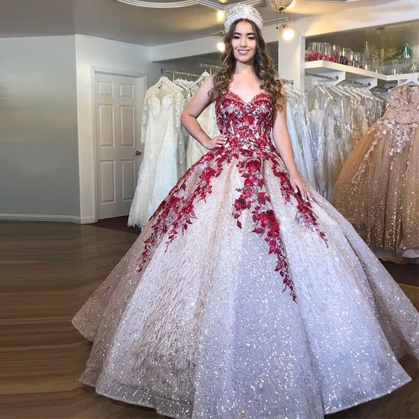

bling bling sequin ball gown quinceanera dresses sweetheart red lace appliques beaded sweet 15 dress corset back pageant gown, Blue;red
