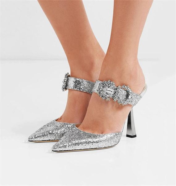 

2020 luxury women rhinestone sandals runway brand buckle strap pointed toe high heels shoes ladies summer slippers sides shoes, Black