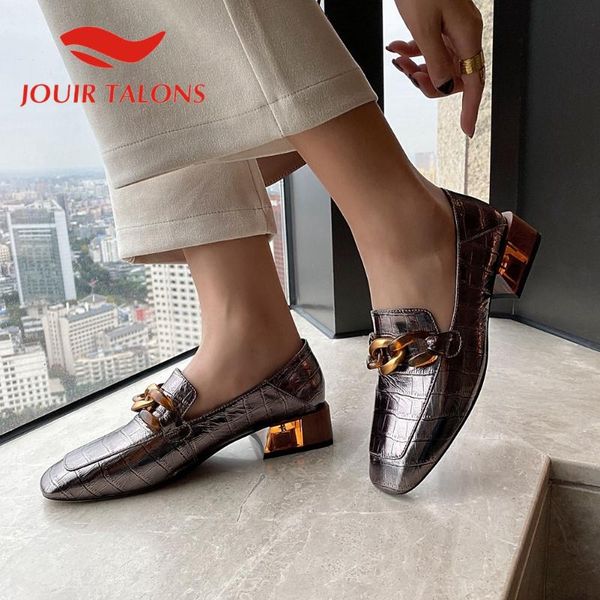 

jouir talons 2020 new design big size 43 genuine leather women pumps square toe square heels chain pumps office woman shoes, Black