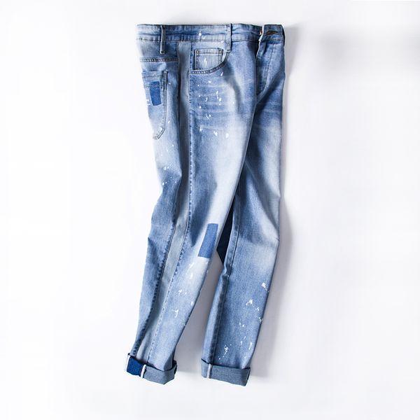 

2019 men's ripped jeans washed feet shinny denim light blue pant hip hop sportswear straight patchwork pants plus size xxxxxxl