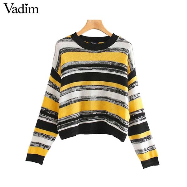 

vadim женщины шикарные основные трикотажные свитера o шеи полосатый длинный рукав эластичные пуловеры женский сладкий случайные свободные то