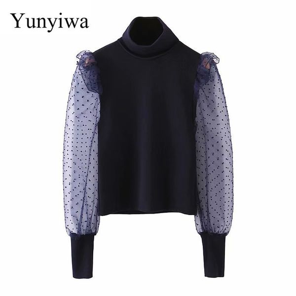 

2019 women's new polked yarn stitched long-sleeve womens blouse turtleneck blouses clothes blusas camisas mujer, White