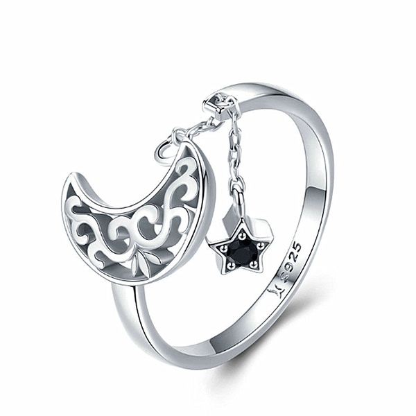 

genuine 925 sterling silver moon and star long chain star adjustable finger ring for women sterling silver jewelry scr479, Slivery;golden