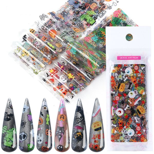 Halloween Nail Art Adesivos Decalques 10pcs Green Giant Abóbora Skull Set Transfer Papel Nails Decorações Ferramenta