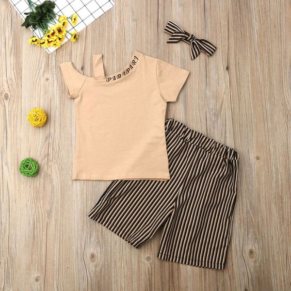 

Toddler Kids Baby Girl Summer Tops Pure Color T-shirt Striped Shorts 3Pcs Outfits Clothes Fashion Cute Girls Sets Clothing