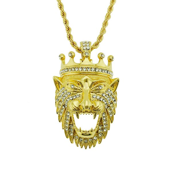 

new arrivals hip hop lion head king crown iced out crystal pendant necklace fashion mens jewelry ing, Silver