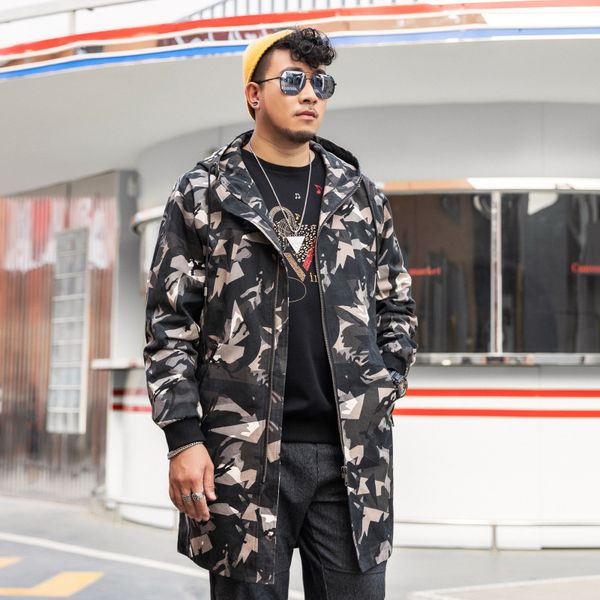 

2020 spring autumn new plus large size men trench overcoat long hooded jacket 5xl 7xl for 150kg men drawstring hood windbreaker, Tan;black