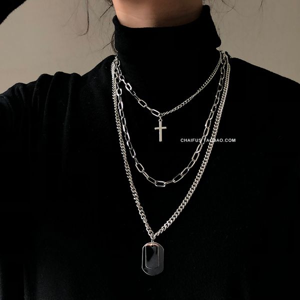

huanzhi 2019 new personality cross square metal multilayer hip hop long chain cool simple necklace for women men jewelry gifts, Silver