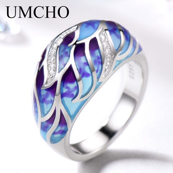 

umcho handmade enamel silver rings for women 925 sterling colorful white cz plant flower unique ring female party gift jewelry, Golden;silver