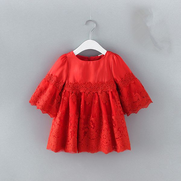 

baby girls clothes 2019 spring embroidery flare sleeve infant baby girls christening dresses girls party baptism dress 0-2y y190516, Red;yellow