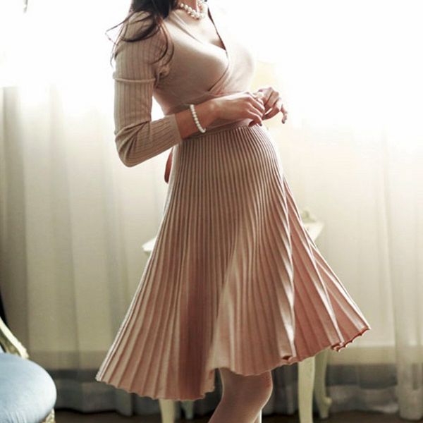

2019 new maternity dress v-neck knee length pregnant women clothes, White