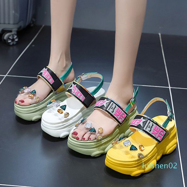 

9cm/3.9 inch height wedge sadals fashion shoes woman summer rhinestone flat platform chunky sandals l02, Black