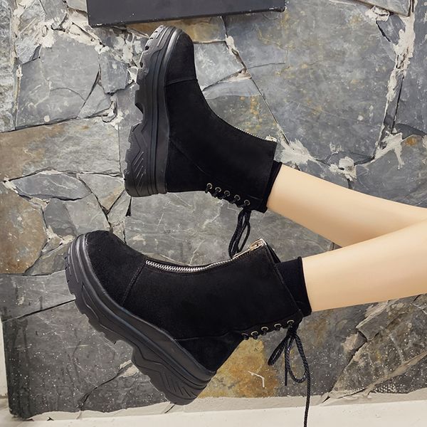 

med heel boots women's low shoes clogs platform booties ladies round toe zipper bootee woman 2019 luxury designer lolita ankle, Black