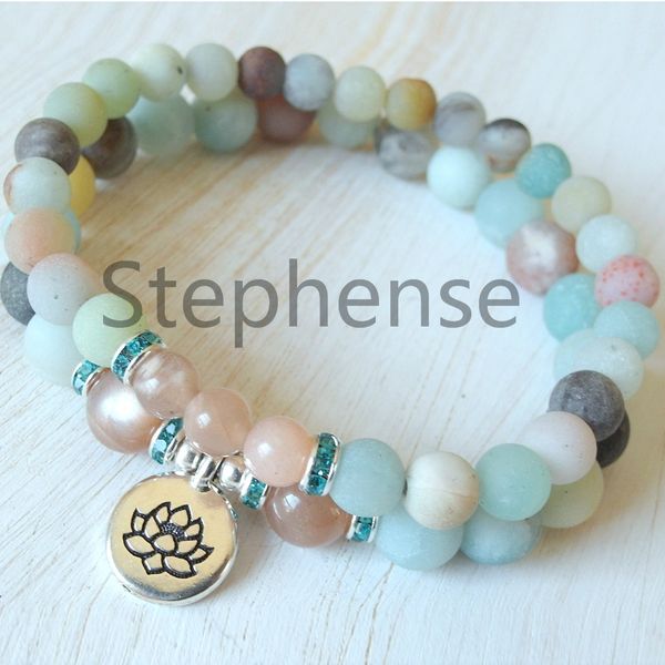 

mg0680 natural sunstone matta amazonite bracelet set 6 mm and 8 mm natural gemstone energy bracelet new design women`s yoga mala bracelet, Black
