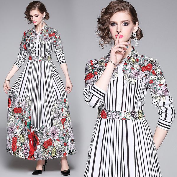 

runway striped floral luxury dress women long sleeve lapel neck party prom ladies designer dress printed elegant office button shirt dresses, Black;gray