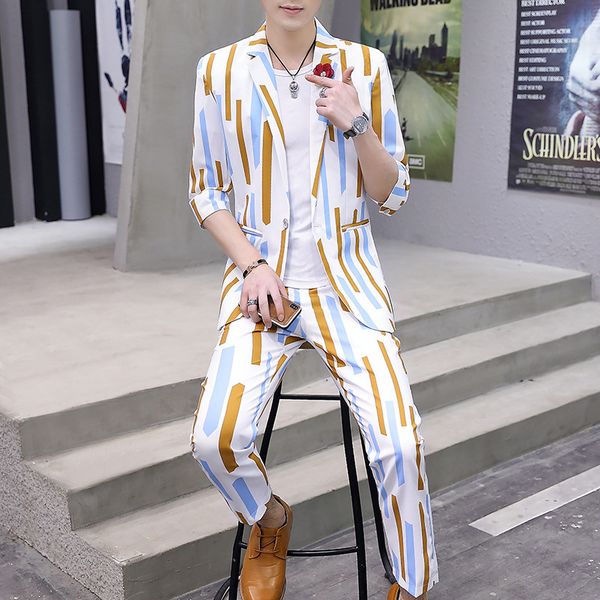 

men's suits & blazers 2021 summer striped suit adolescents sleeve trend slim leisure small two, White;black