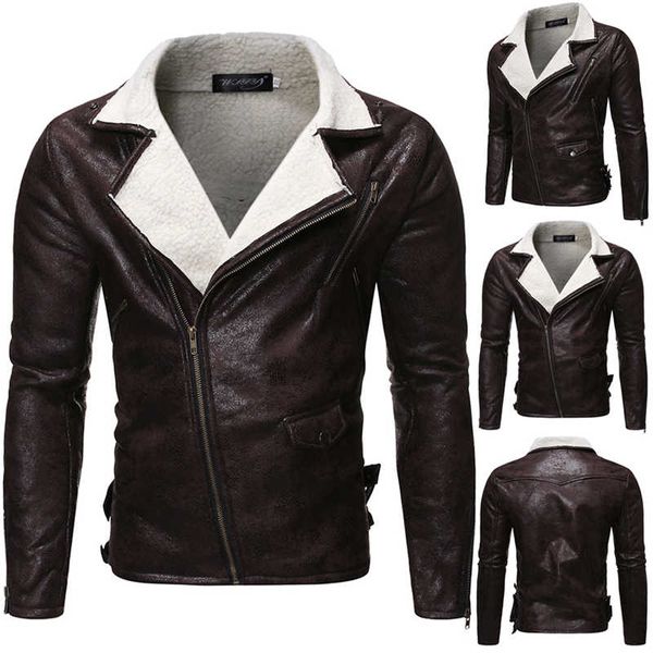

men's winter motorcycle leather coat lamb wool cashmere jacket zipper overcoat, Black