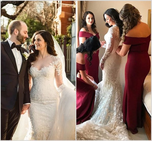 

2020 modest elegant scoop long sleeve mermaid wedding dresses lace applique pearls wedding gowns sweep train robe de mariÃ©e, White