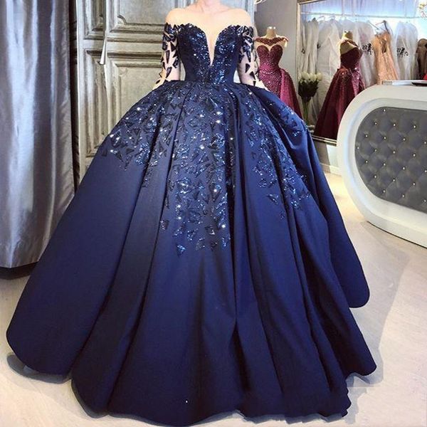 

vintage navy blue satin ball prom gowns 2019 sheer long sleeves sparkly sequins puffly plus size formal evening quinceanera party dresses