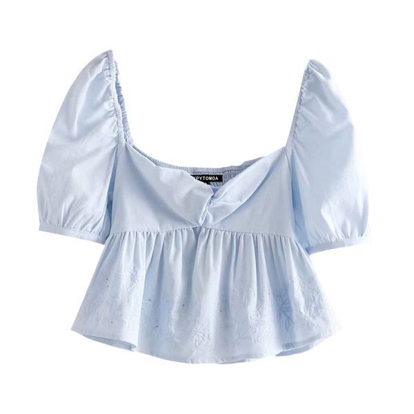 

women 2020 sweet fashion embroidery ruffles cropped blouses vintage puff sleeve back elastic female shirts chic, White