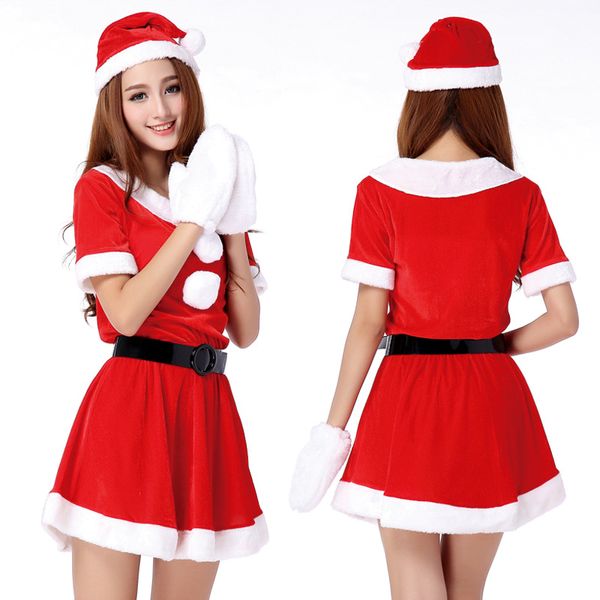 

1 set women santa claus christmas costume party girls outfit fancy dresses white fluff gloves christmas clothing, Silver