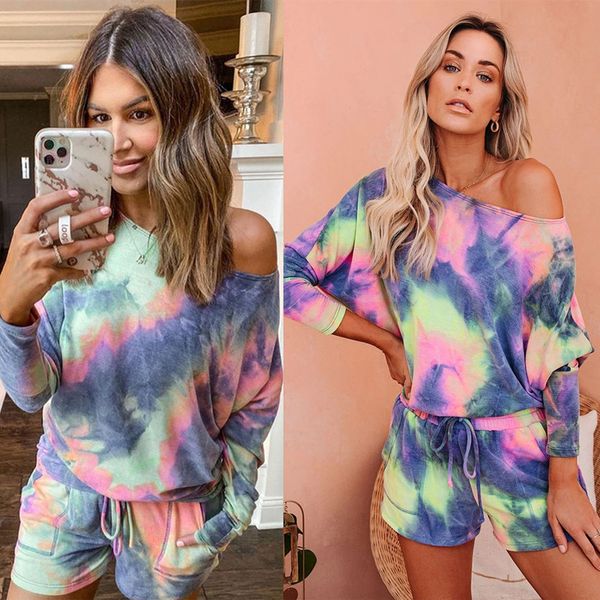 

женщины конструктор tracksuit мода gradient sportwear tie-краситель с длинным рукавом плеча футболку + кулиской шорты комплекты из двух част, White