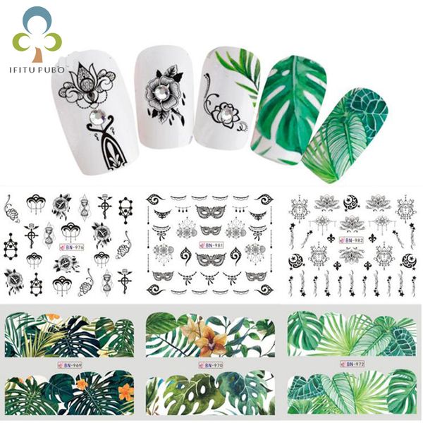 

3 sheets green leaf nail stickers for nail art water decals nails art sticker manicure tools diy design flower decortion gyh, Black