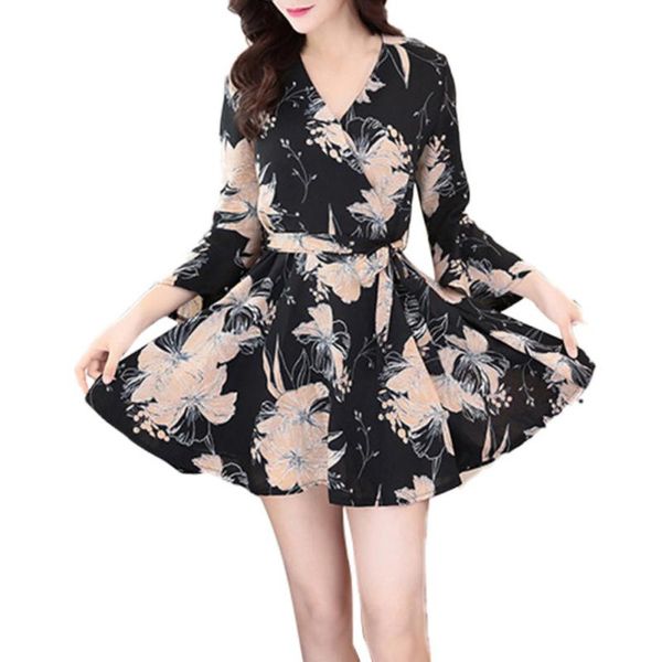 

2019 женская мода принт сексуальные цветочные vestido тонкий v-образным вырезом платье горячая распродажа, Black;gray