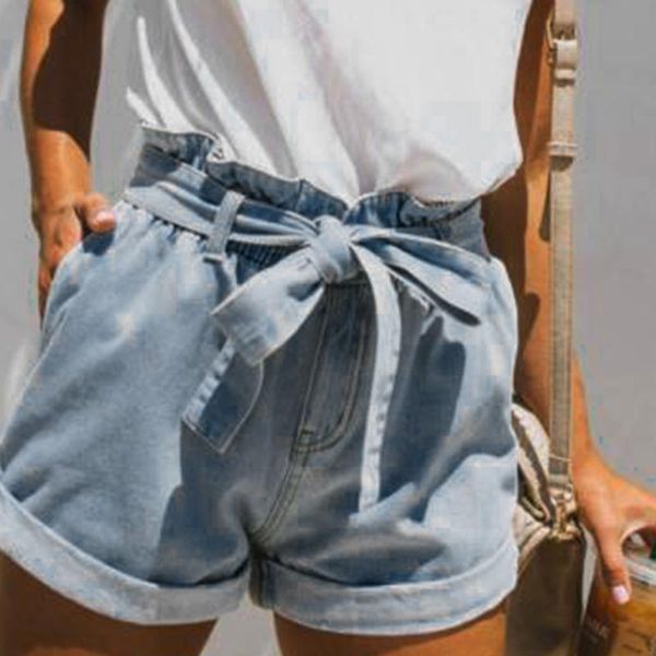 

women's shorts tie waist denim women elasticated high short jeans casual blue roll up with belt feminino spodenki, White;black