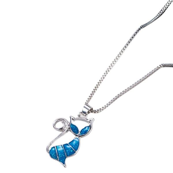 

cute cat pendant blue opal necklace fashion women's animal jewelry trendy jewelry gift for women clavicle chain, Silver