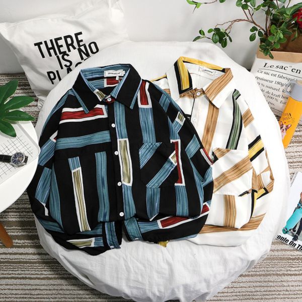 

autumn striped shirt men's fashion contrast casual long sleeve shirts mens hawaiian shirt wild social men dress -2xl, White;black