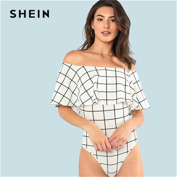 

white ruffle layered neck plaid off the shoulder sleeveless bodysuit summer woman modern lady casual women bodysuits, Black;white