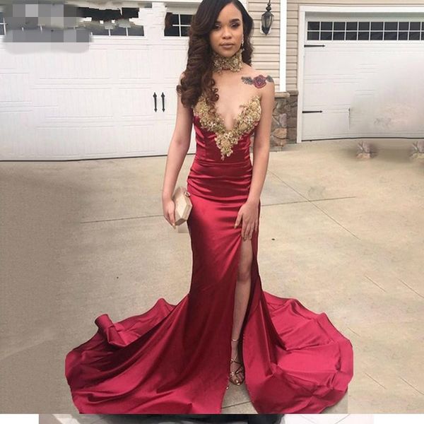 Novas Prom Dresses 2020 Africano Mermaid ouro longo Ques frisada alta colaterais Slit Womens Maroon Evening Vestidos menina Vestidos feitos sob encomenda Sempre Bonita