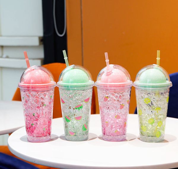 

the latest 15.2oz double-layer straw plastic ice cup creative fruit round plastic cups are shipped of charge, supporting custom logos a