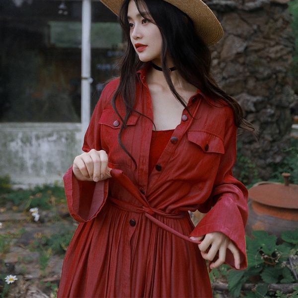 

irinams03 2019 fw collection new arrivals dark red vintage long shirt dress women trench coat, Tan;black