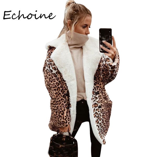 

fashion leopard print womne long coat velvet turn down collar with pocket keep warm jackets women 2020, Black