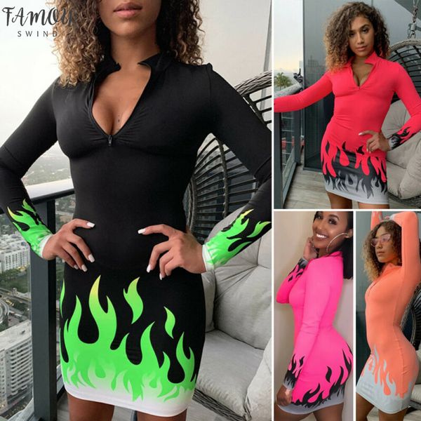 

new autumn women's v neck zipper slim fit bodycon mini dress ladies casual long sleeve flame print skinny mini dress, Black;gray