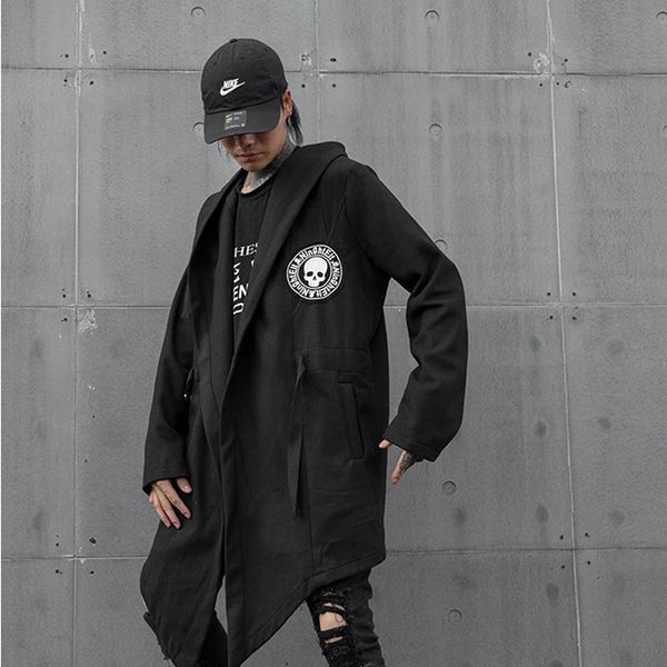 

осень зима мужчины череп печатный панк хип-хоп длинный тренч пальто с капюшоном плащ человек готический винтаж куртка повседневная кардиган, Tan;black