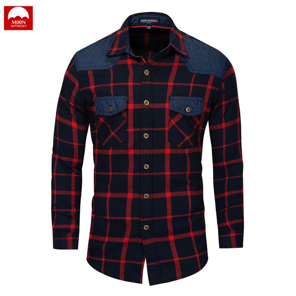 

denim splice shirt men plaid pocket color matching long sleeve fashion casual button spring and autumn cotton wild ncx-032, White;black