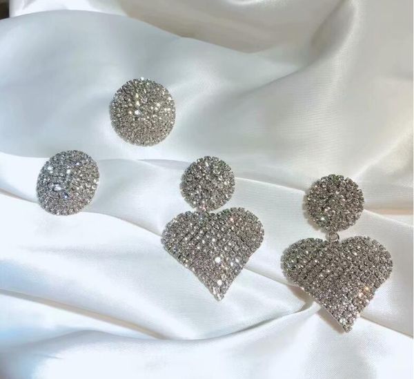 

flash rhinestone women heart round earring nightclubs exaggerated personality big love ear accessories, Silver