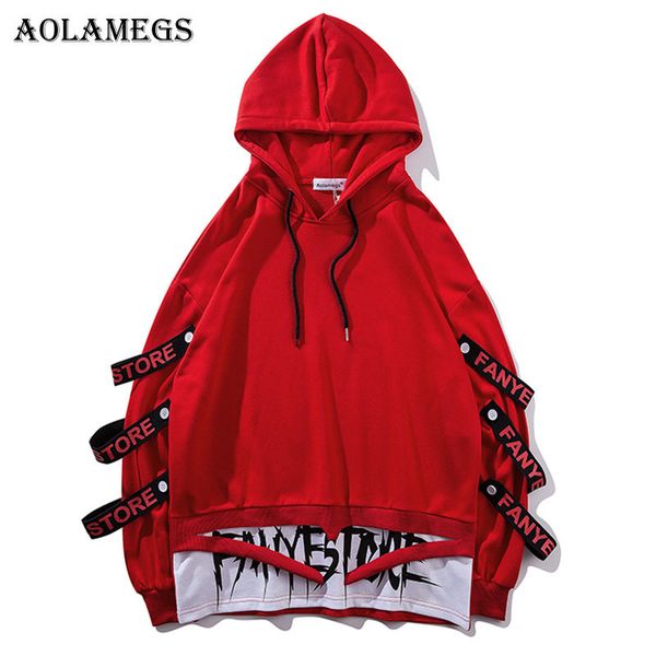 

aolamegs hoodies men fake 2 pieces ribbons hooded high street pullover sweatshirt men fashion hip hop streetwear hoodie autumn sh190701, White;black