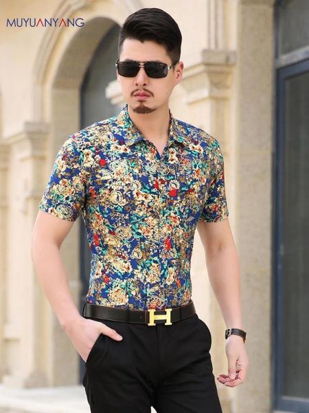 

floral print shirt men 2020 brand new gold bronzing short sleeve chemise homme fancy flower mens dress shirts camisa masculina, White;black