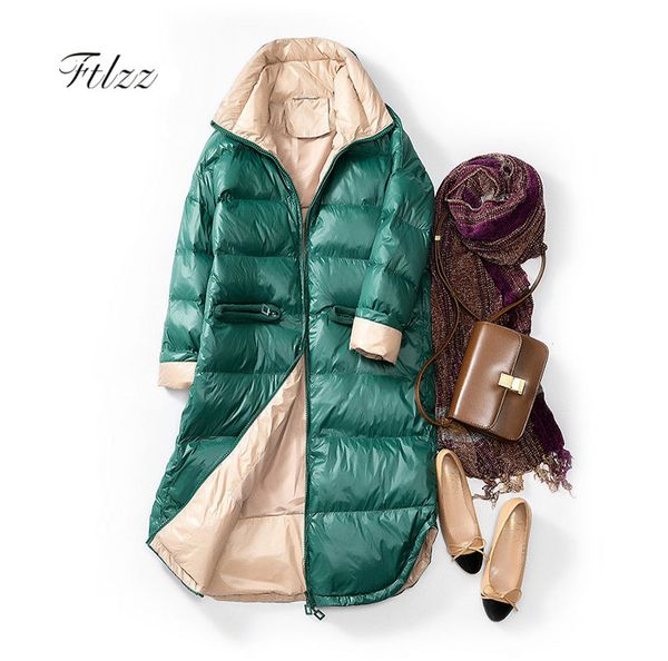 

2019 new women thin white duck down coats fashion winter medium long slim patchwork color parkas female ultra light down jackets, Black
