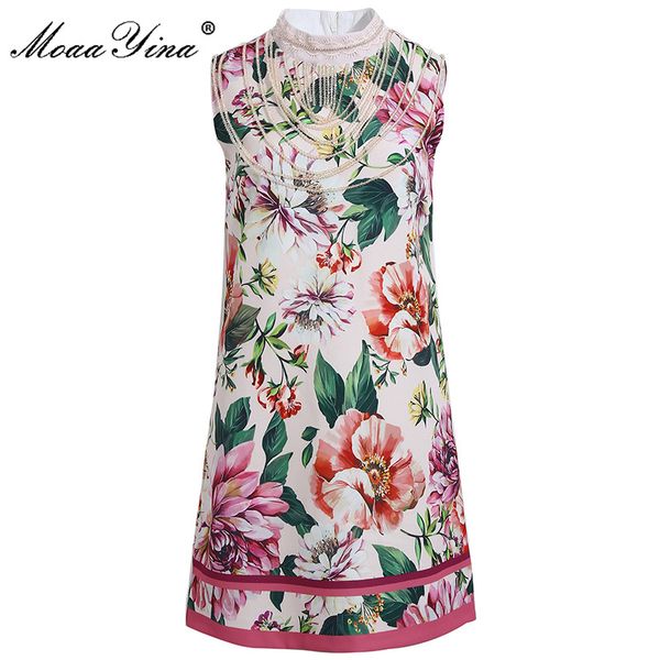 

moaayina fashion designer dress summer women's dress sleeveless beading floral print elegant a line short mini dresses, Black;gray