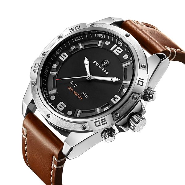 

luxuryled reloj hombre military dual display electronic clock men watch genuine leather water resistant unique montre homme goldenhour, Slivery;brown